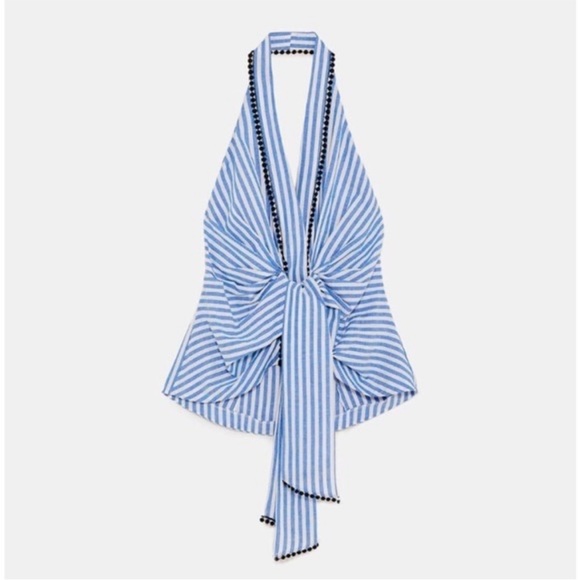 Zara Blue/White Striped Halter Wrap Top with Embroidery - Picture 1 of 9